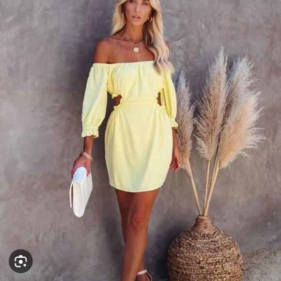 SkYlar Rose Dresses & Skirts - SKYLAR ROSE Linen Blend Cutout Off Shoulders Butter Yellow mini dress L